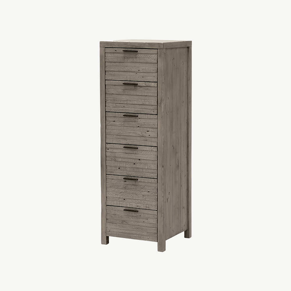Reclaimed timber 6 drawer tallboy in light grey teak finish