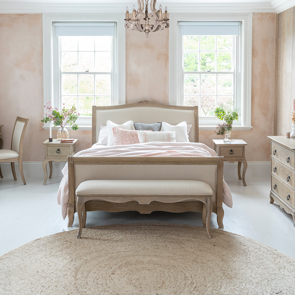 Solid oak bench in soft antique finish and fabric linen seat
