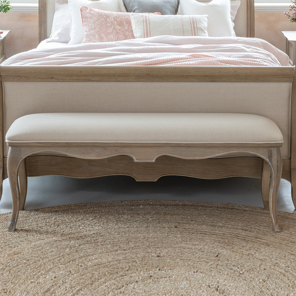 Solid oak bench in soft antique finish and fabric linen seat