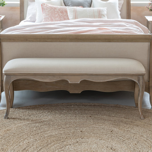 Solid oak bench in soft antique finish and fabric linen seat