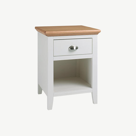 Two tone bedside cabinet painted white with natural oak top
