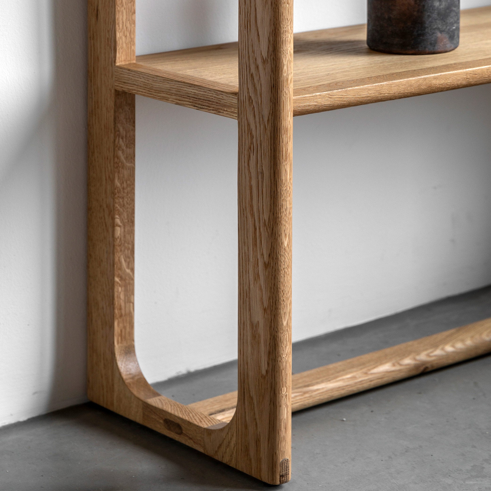 Oak veneer open display unit in natural finish