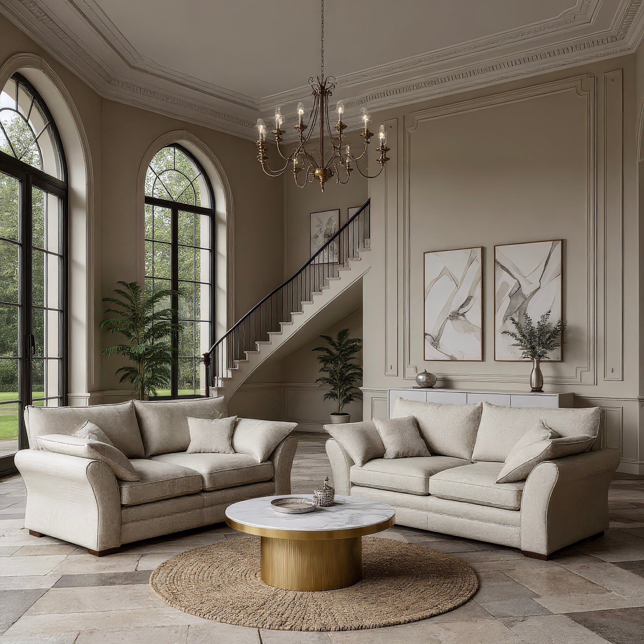 Luxurious living room with beige sofas, a marble coffee table, and decorative elements.
