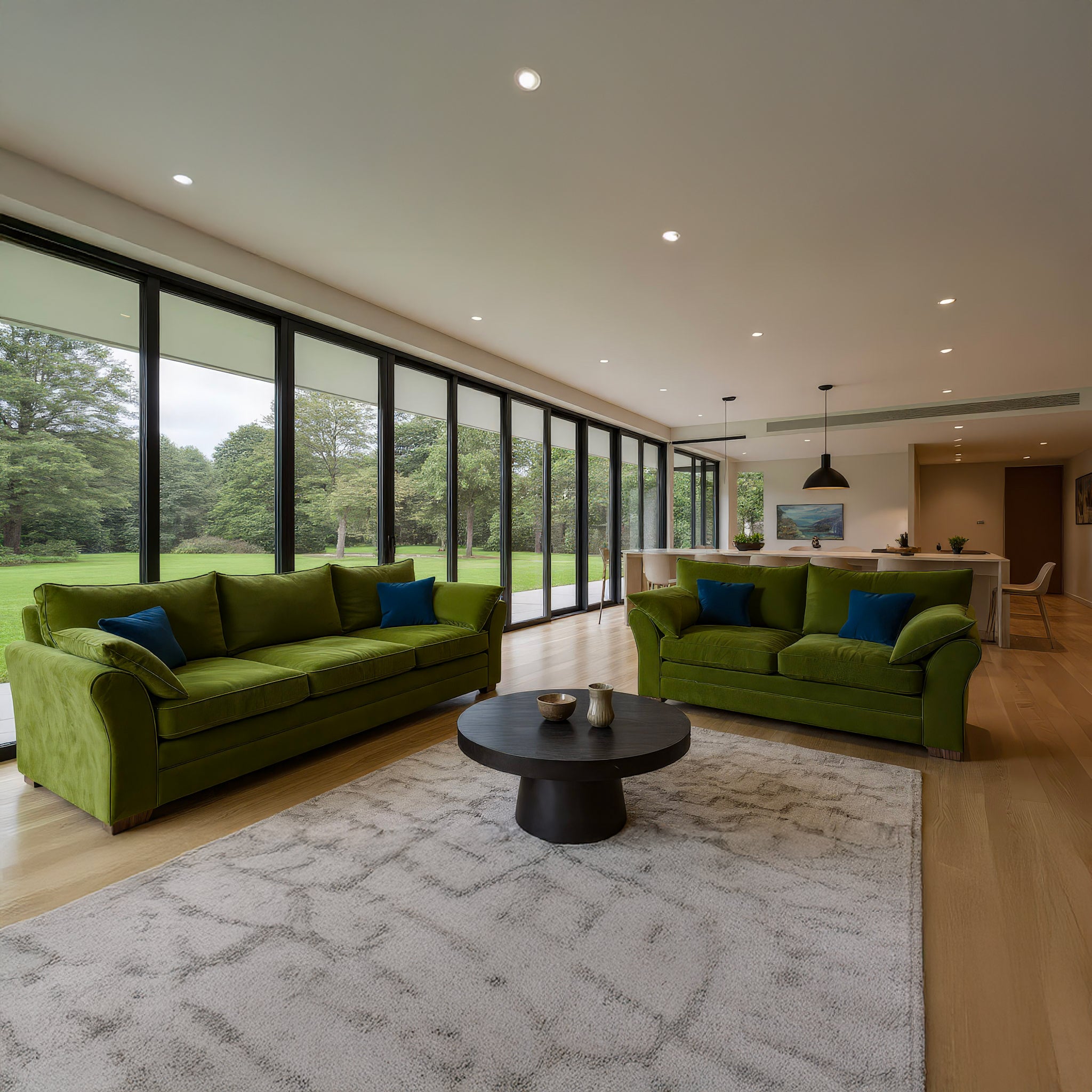 Modern living room with green sofas, a black coffee table, and large windows.