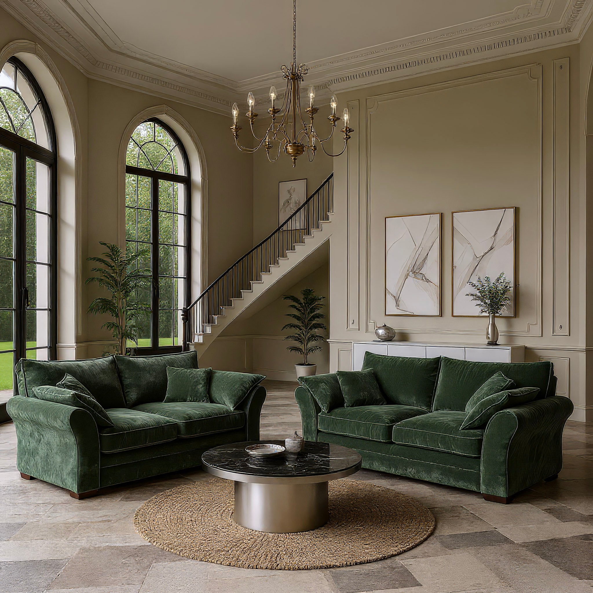 Luxurious living room with green velvet sofas, a round coffee table, and staircase in the background.