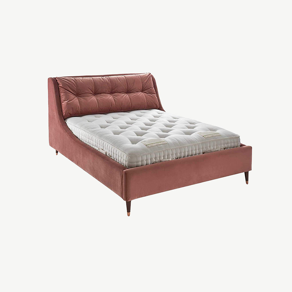 Upholstered bedrame in red fabric finish with solid wood tapered legs