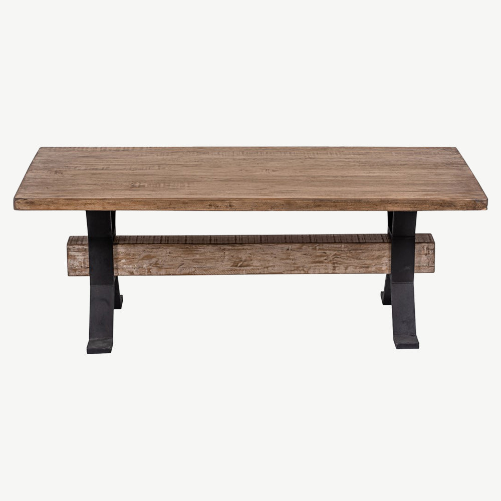 Pine wood coffee table in wax finish with black iron support 
