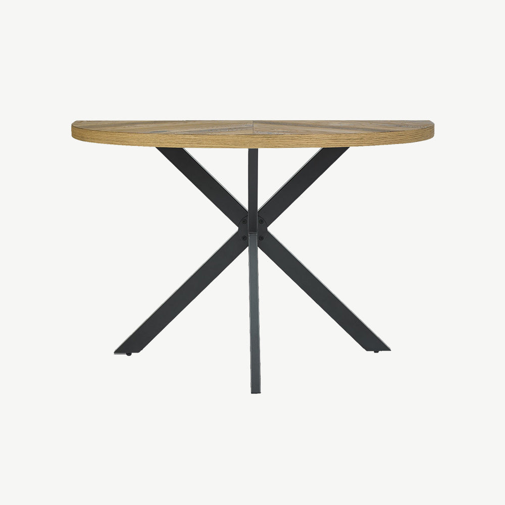 Solid oak console table with rustic oak marquetry tops & black powder coated metal base
