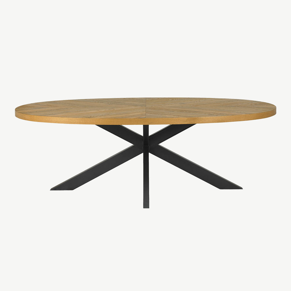 Solid oak 8 seater dining table with rustic oak marquetry tops & black powder coated metal base
