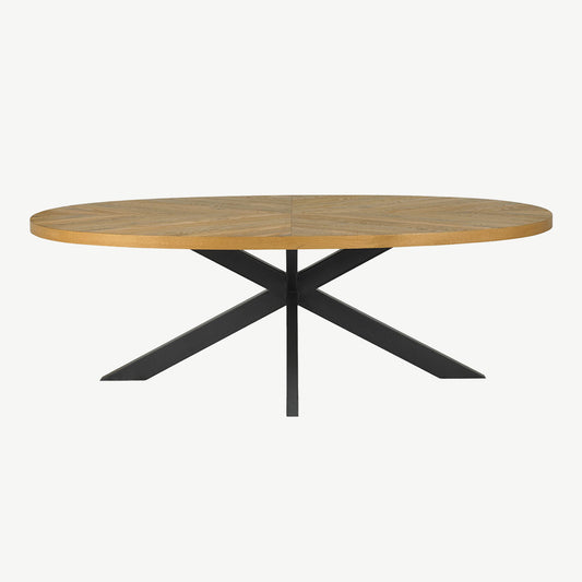Solid oak 8 seater dining table with rustic oak marquetry tops & black powder coated metal base
