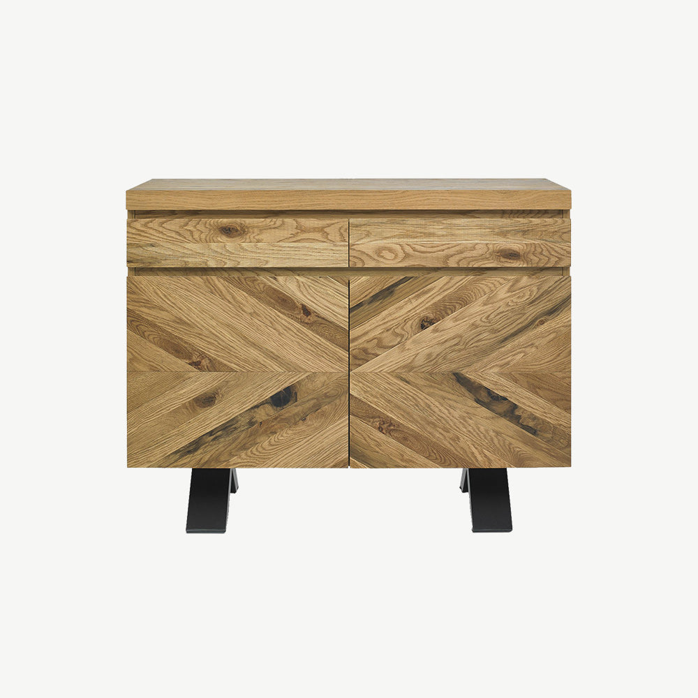 Solid oak narrow sideboard with rustic oak marquetry tops & black powder coated metal base
