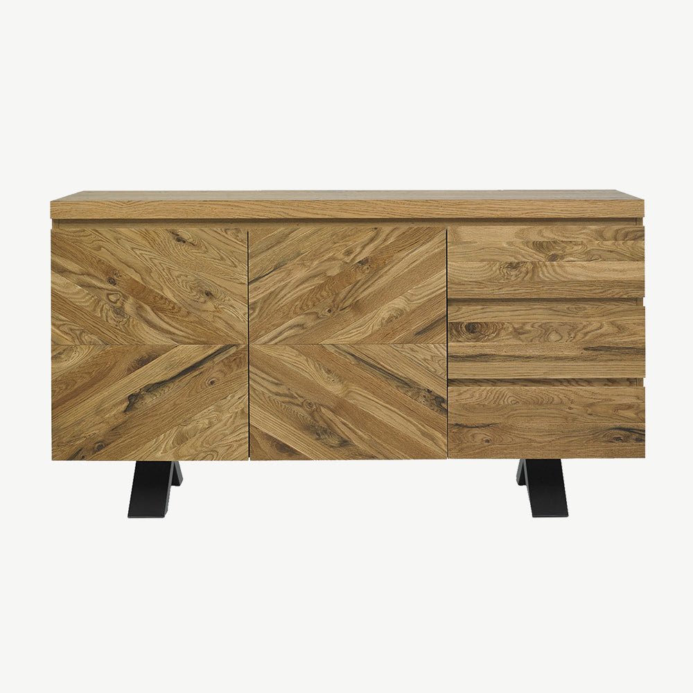 Solid oak wide sideboard with rustic oak marquetry tops & black powder coated metal base
