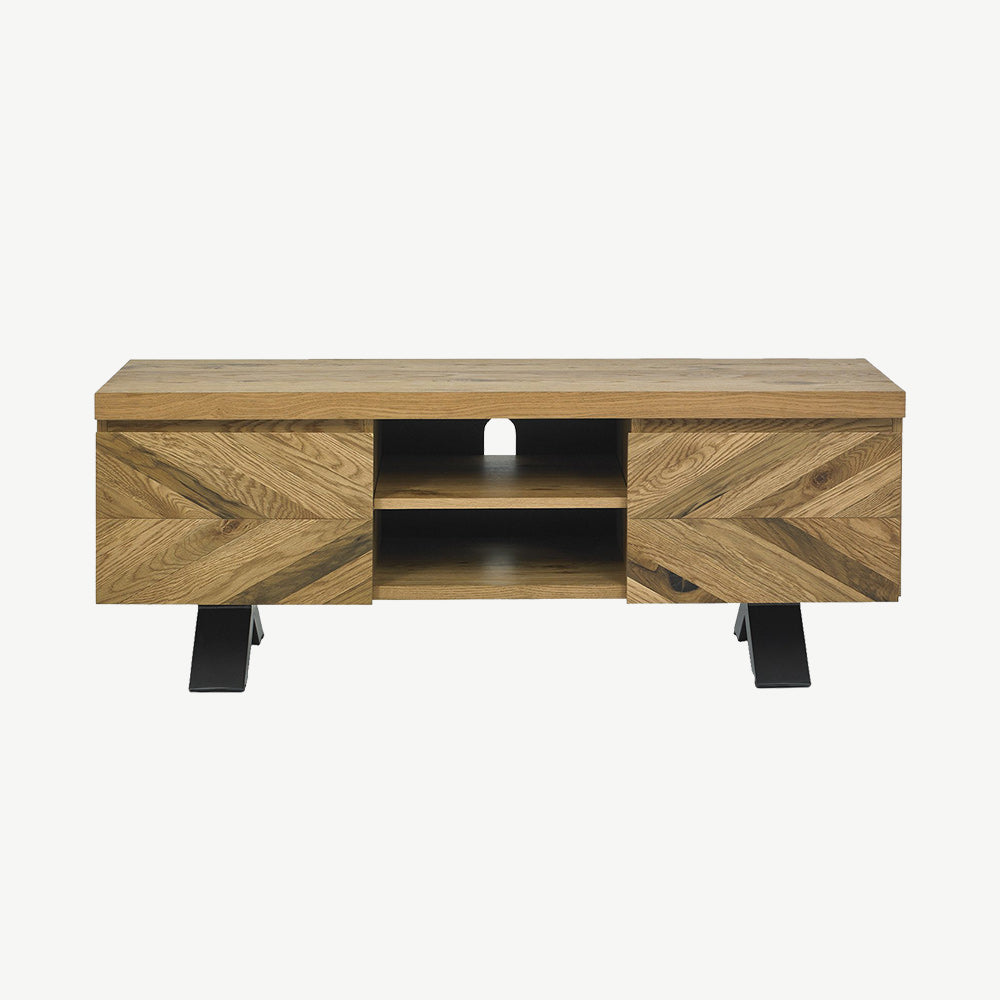 Solid oak entertainment unit with rustic oak marquetry tops & black powder coated metal base
