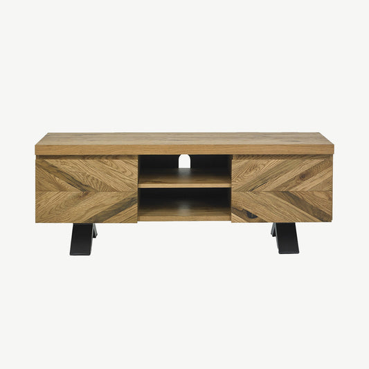 Solid oak entertainment unit with rustic oak marquetry tops & black powder coated metal base
