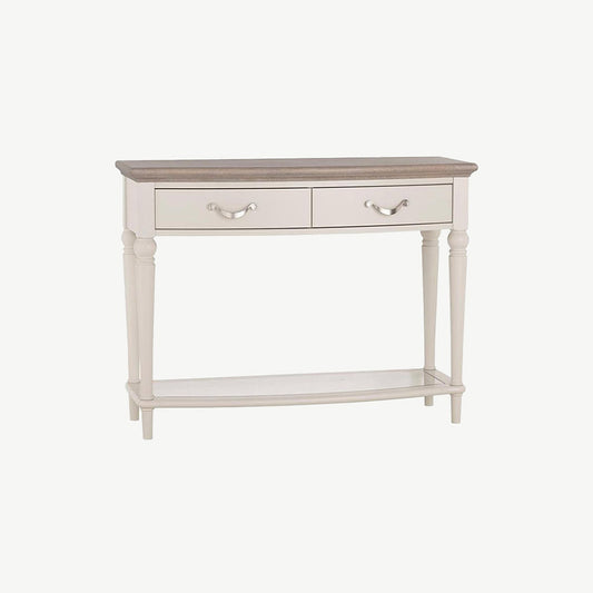 Oak soft grey console table with natural oak top
