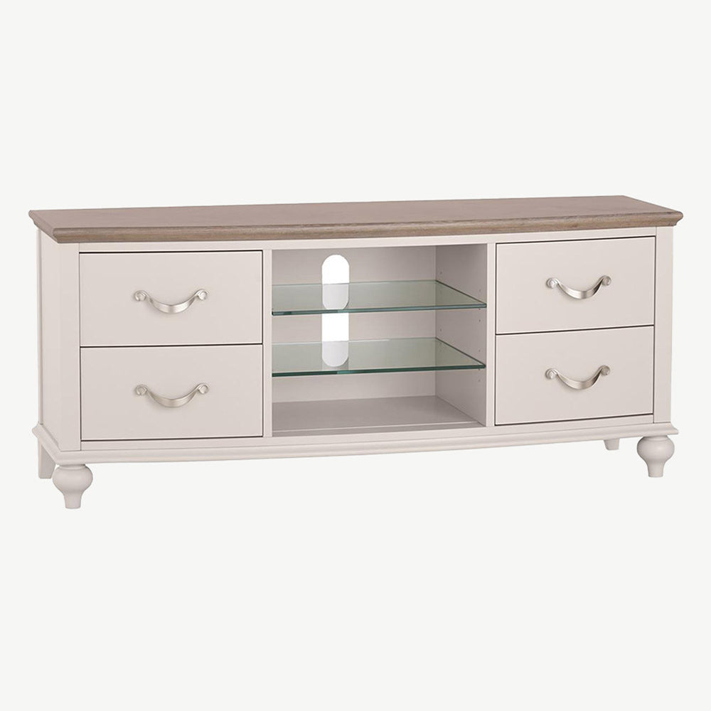 Oak soft grey entertainment unit with natural oak top