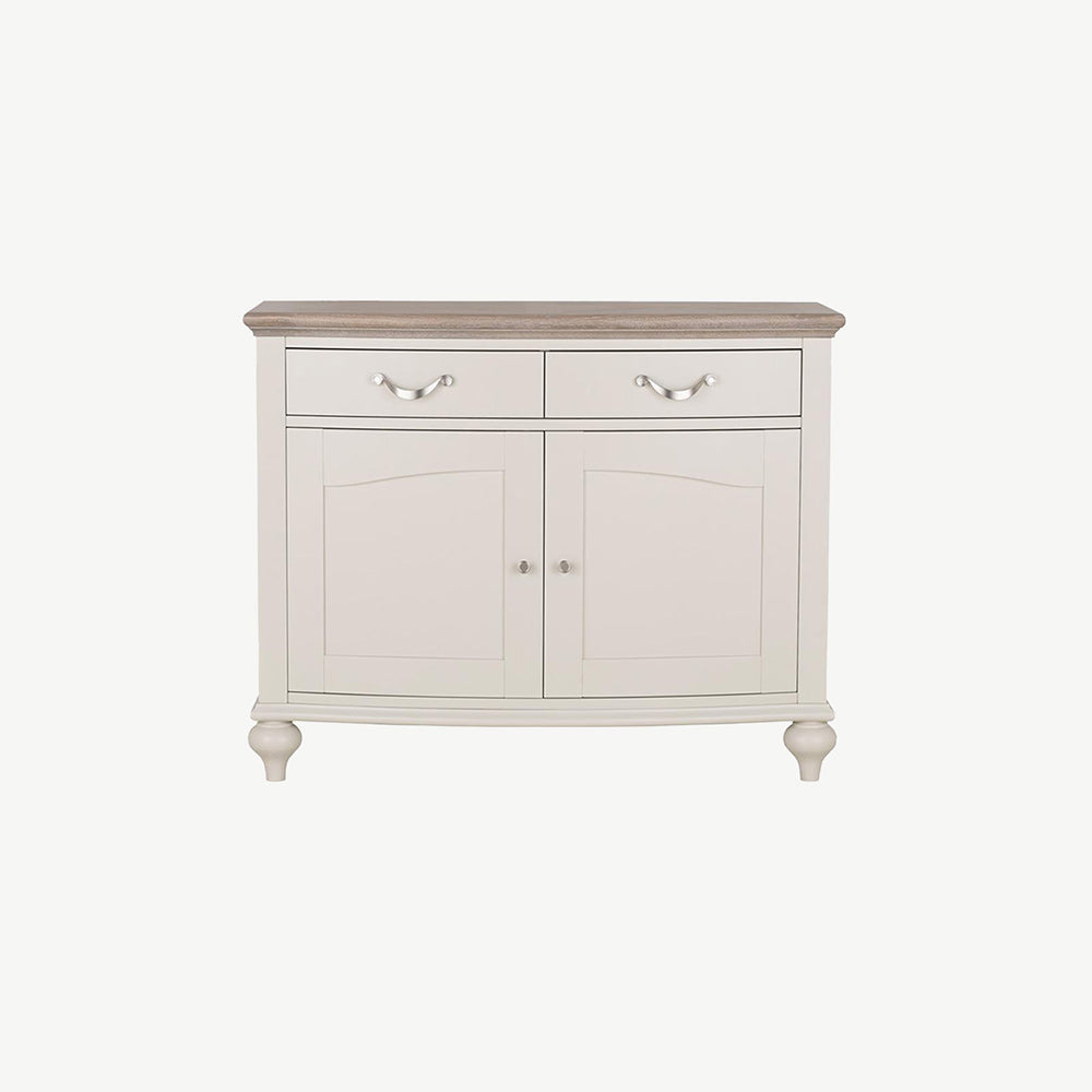 Oak soft grey narrow sideboard with natural oak top
