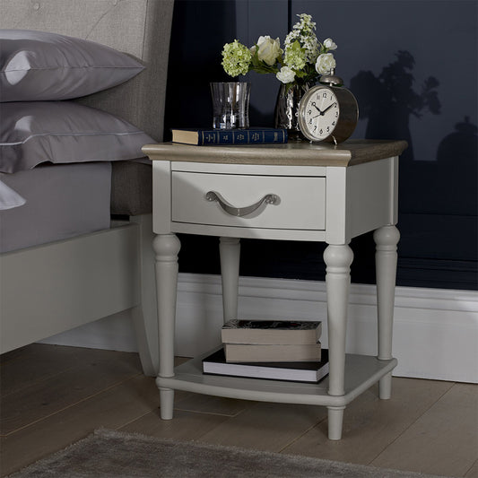 Oak soft grey 1 drawer nightstand with natural oak top
