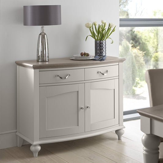 Oak soft grey narrow sideboard with natural oak top
