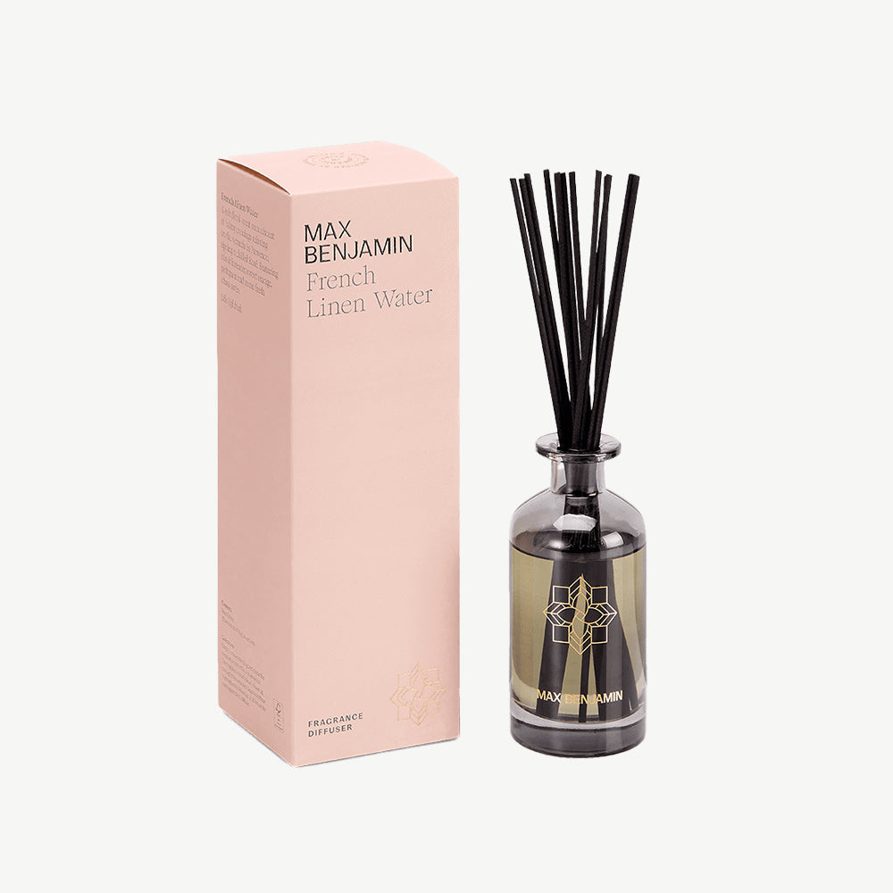 French linen diffuser in smoked glass with matching diffuser sticks