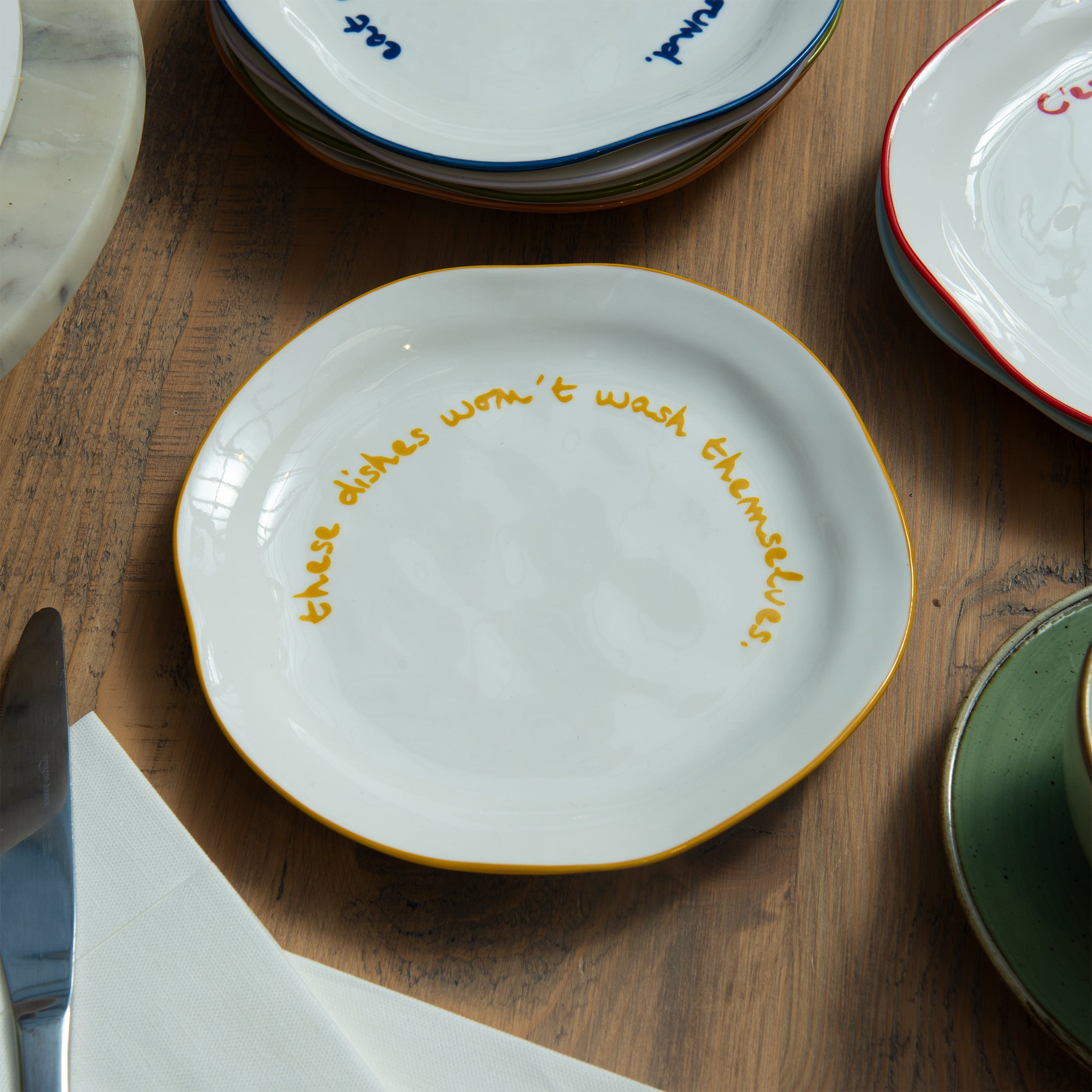 "These dishes wont wash themselves" Yellow Decorative Plate