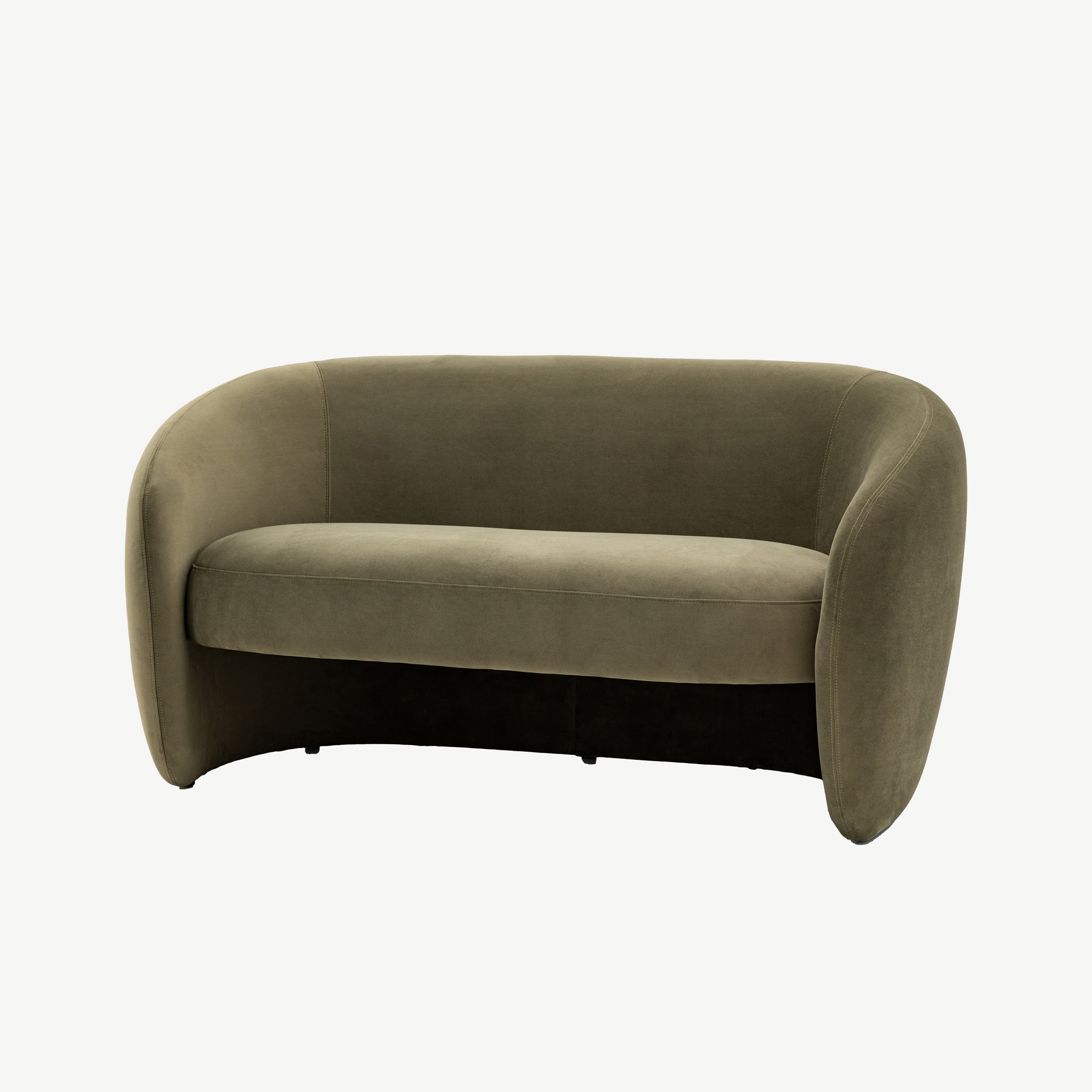 Contemporary curved 2 seater sofa in moss green fabric