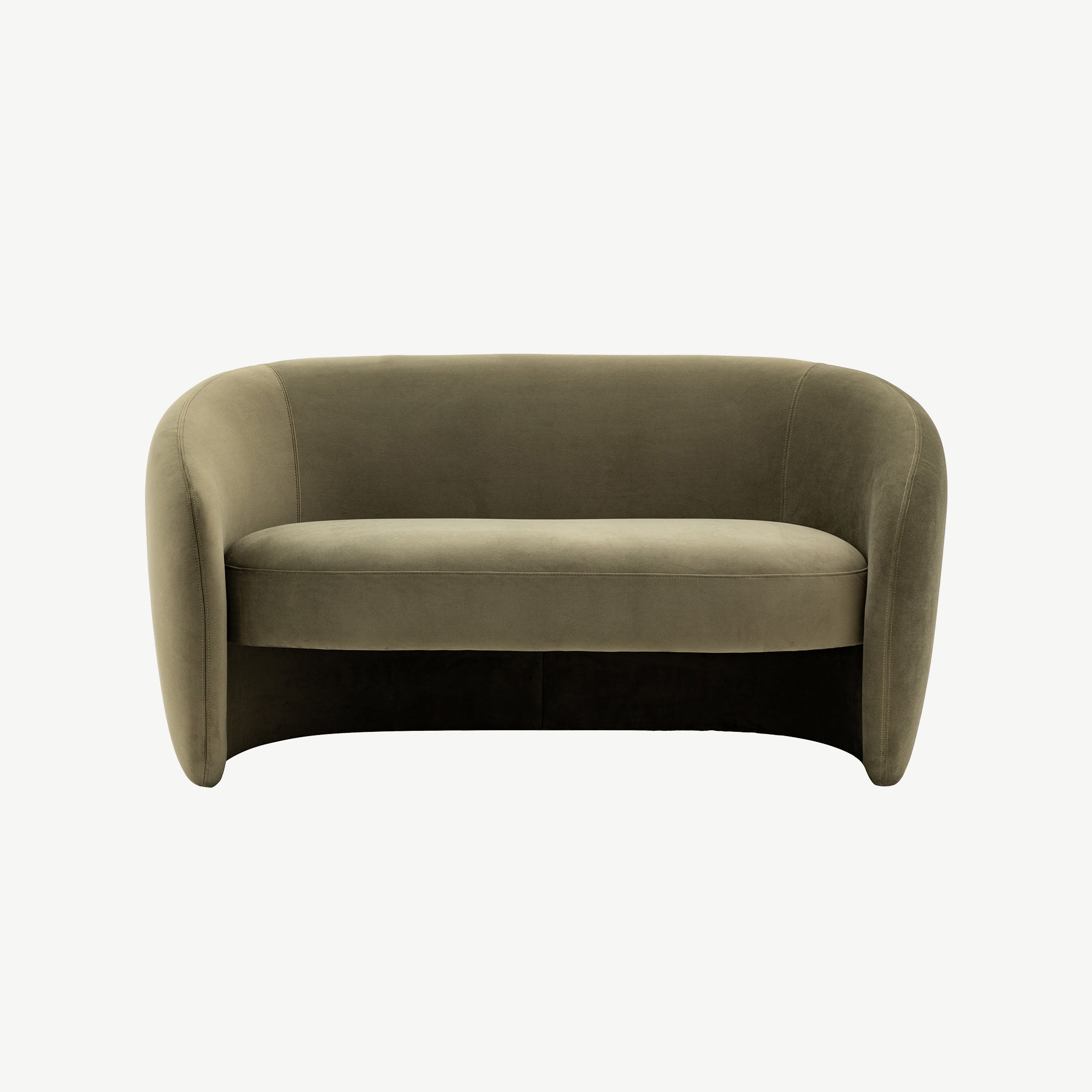 Contemporary curved 2 seater sofa in moss green fabric