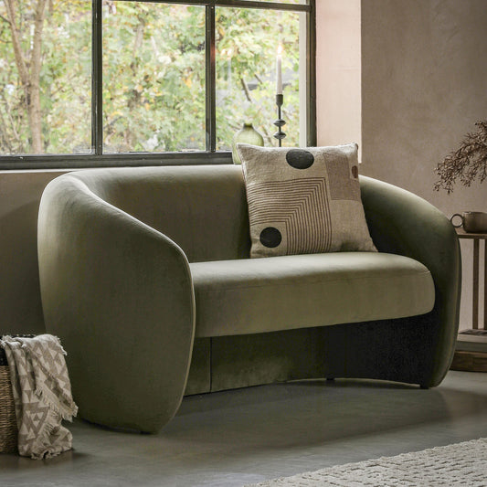 Contemporary curved 2 seater sofa in moss green fabric