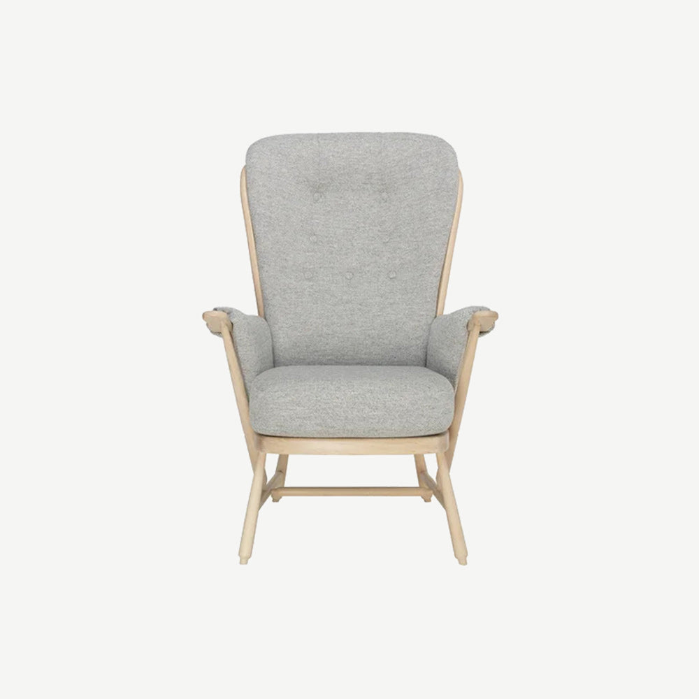 Ercol Evergreen high back chair with upholstered grey fabric seat