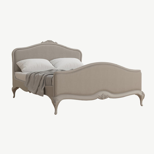 Soft grey oak veneer bedframe with matching upholstered head and footboard in neutral fabric