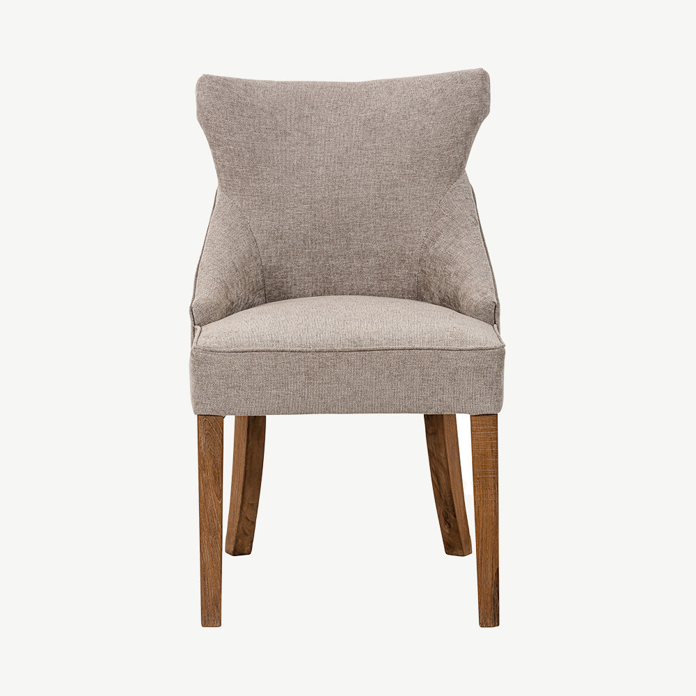 Light grey upholstered fabric chai with pine wood legs