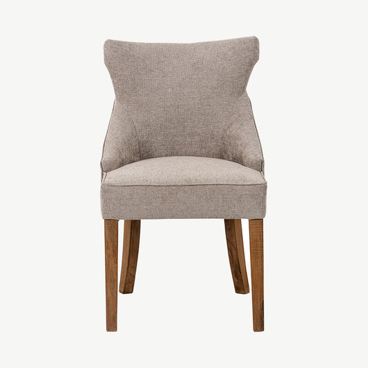 Light grey upholstered fabric chai with pine wood legs