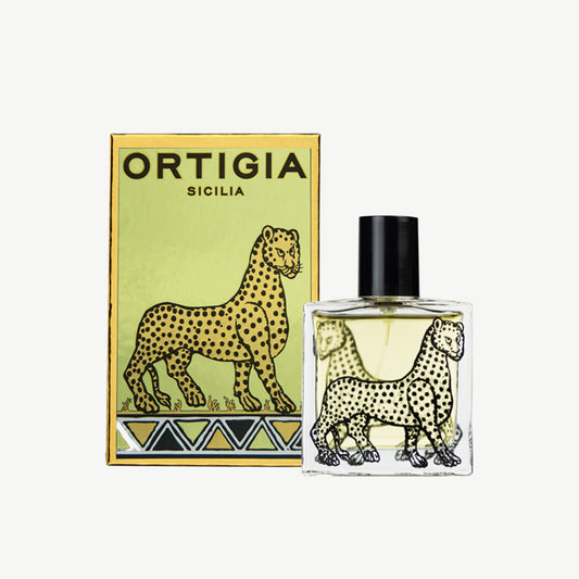 Ortigia Fico dIndia Eau De Parfum housed in yellow tinted glass bottle with leopard engraving