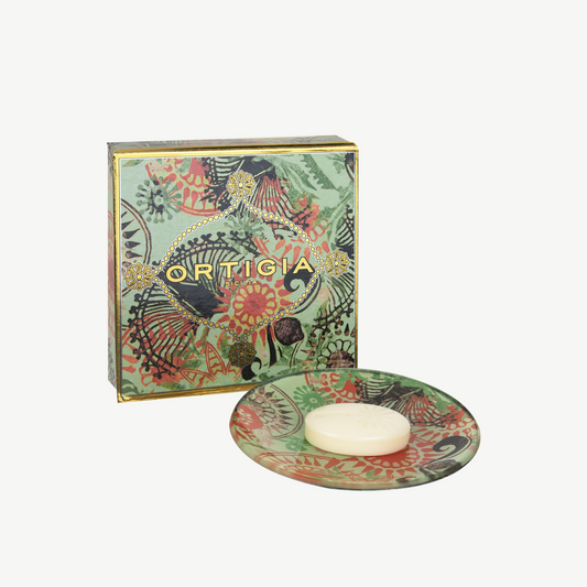 Ortigia Fico dIndia glass dish with iconic brand artwork and translucent, natural coloured soap
