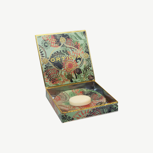 Ortigia Fico dIndia glass dish with iconic brand artwork and translucent, natural coloured soap