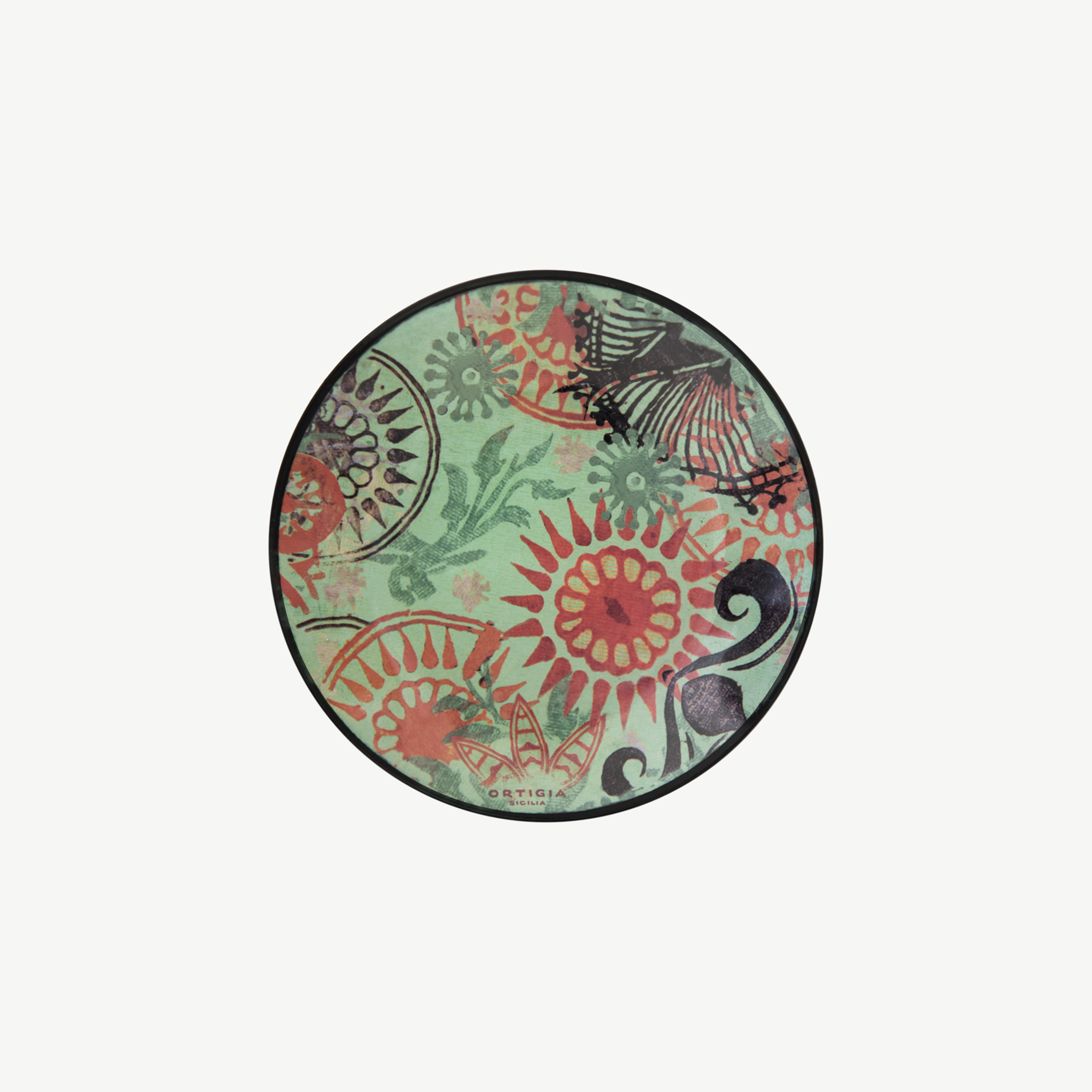 Ortigia Fico dIndia glass dish with iconic brand artwork and translucent, natural coloured soap