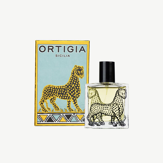 Ortigia Florio Eau De Parfum housed in leopard engraved brand glass bottle