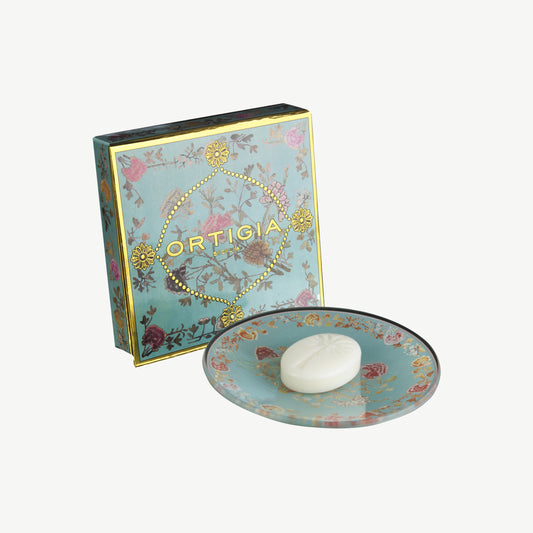 Ortigia Florio pale blue decorative glass dish and signature white soap