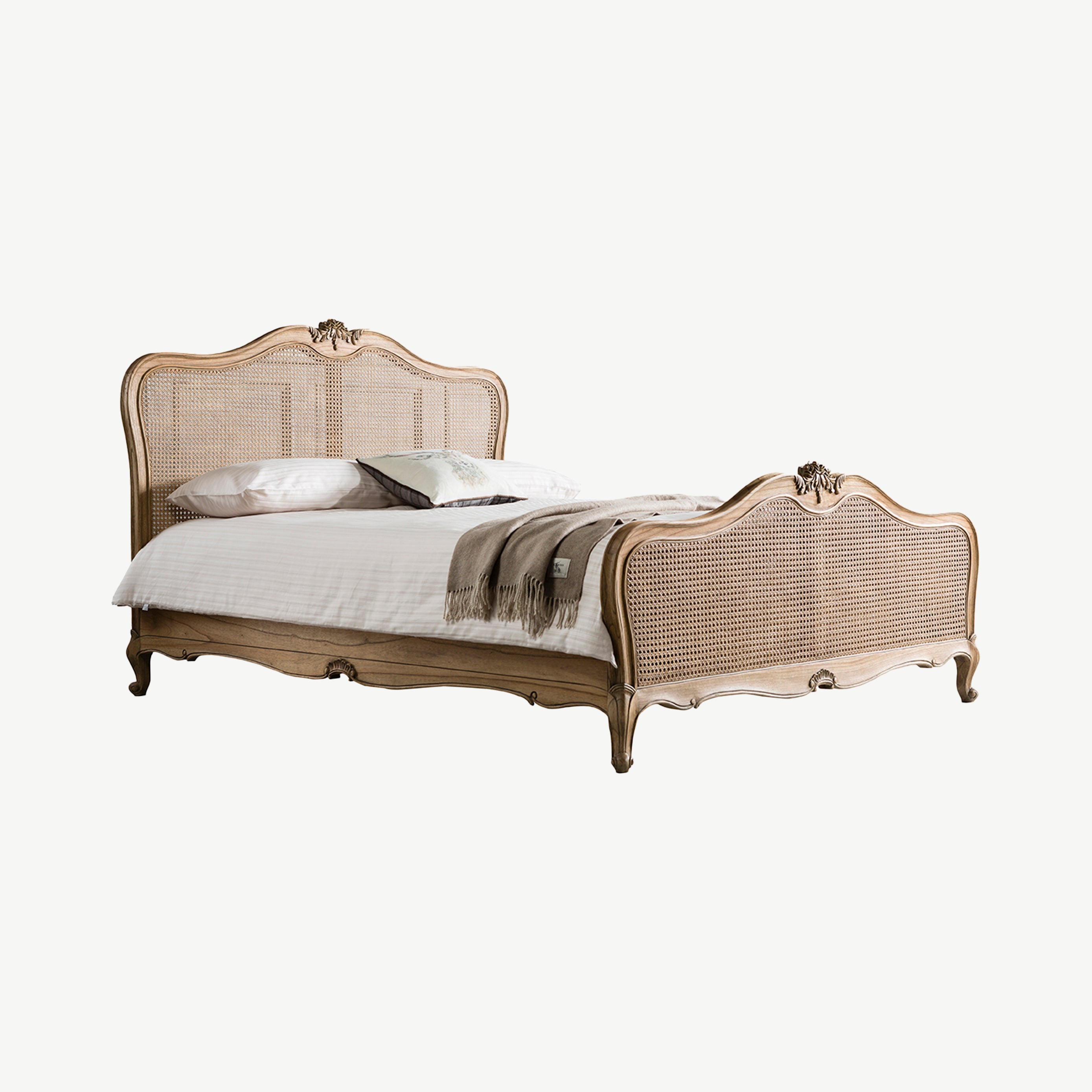 Mindy ash king sized bed in weathered cane finish with dovetailed joints and hand carved sections