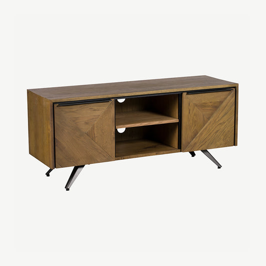 Solid oak TV unit with contrasting front panels and black powder coated metal base