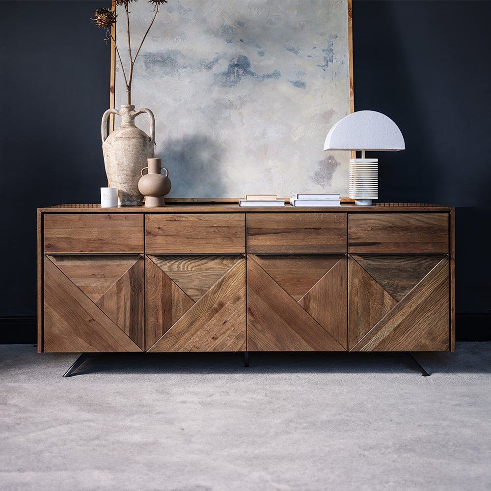 Solid brown oak 4 door sideboard with black powder coated metal base
