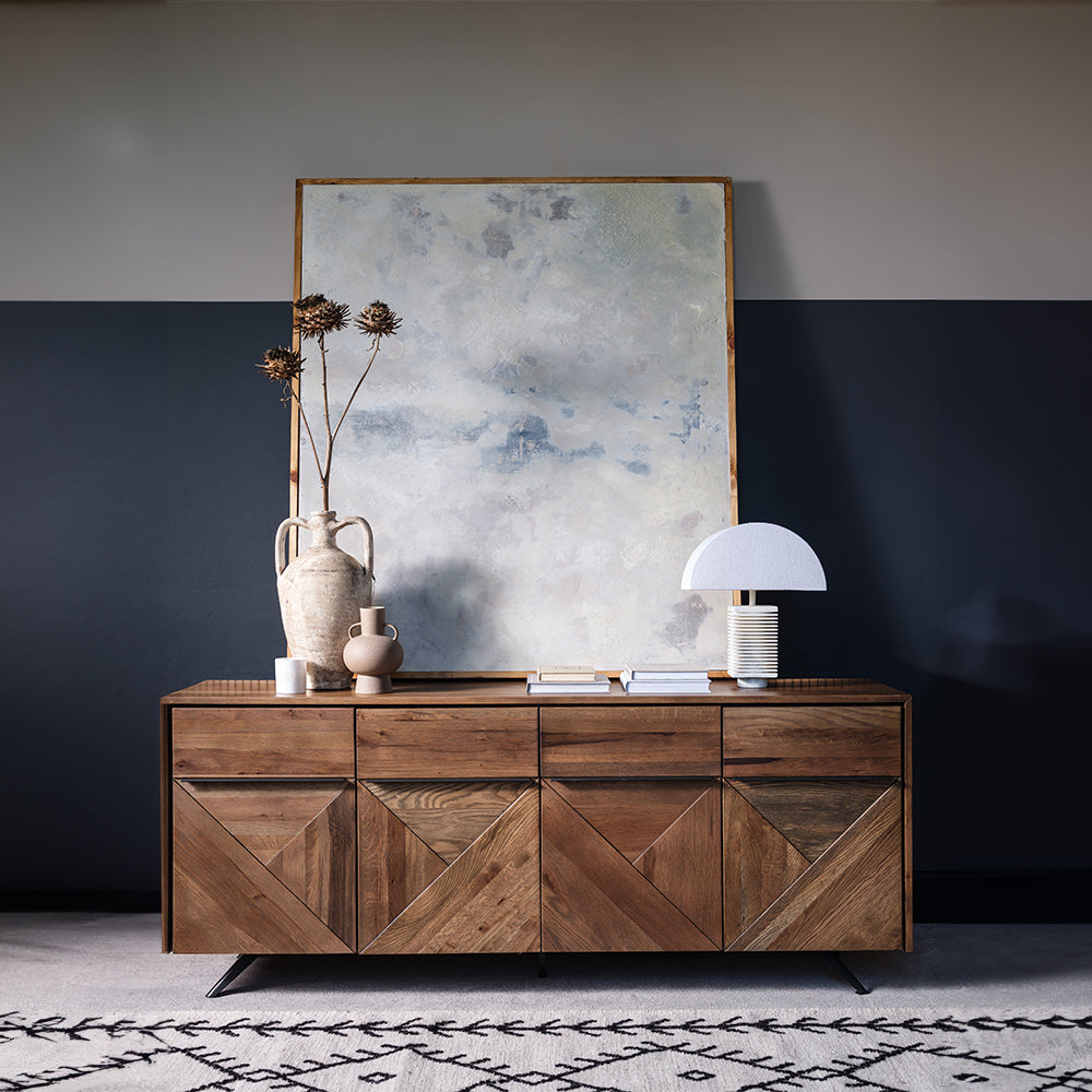 Solid brown oak 4 door sideboard with black powder coated metal base
