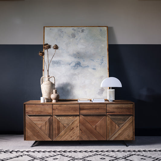 Solid brown oak 4 door sideboard with black powder coated metal base
