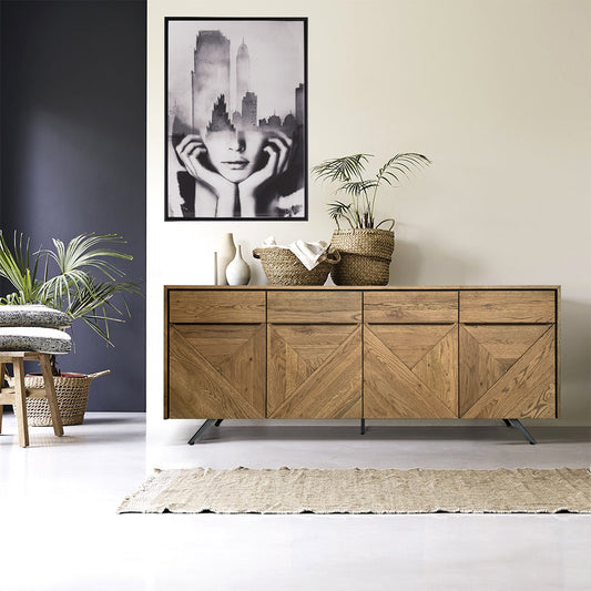 Solid brown oak 4 door sideboard with black powder coated metal base
