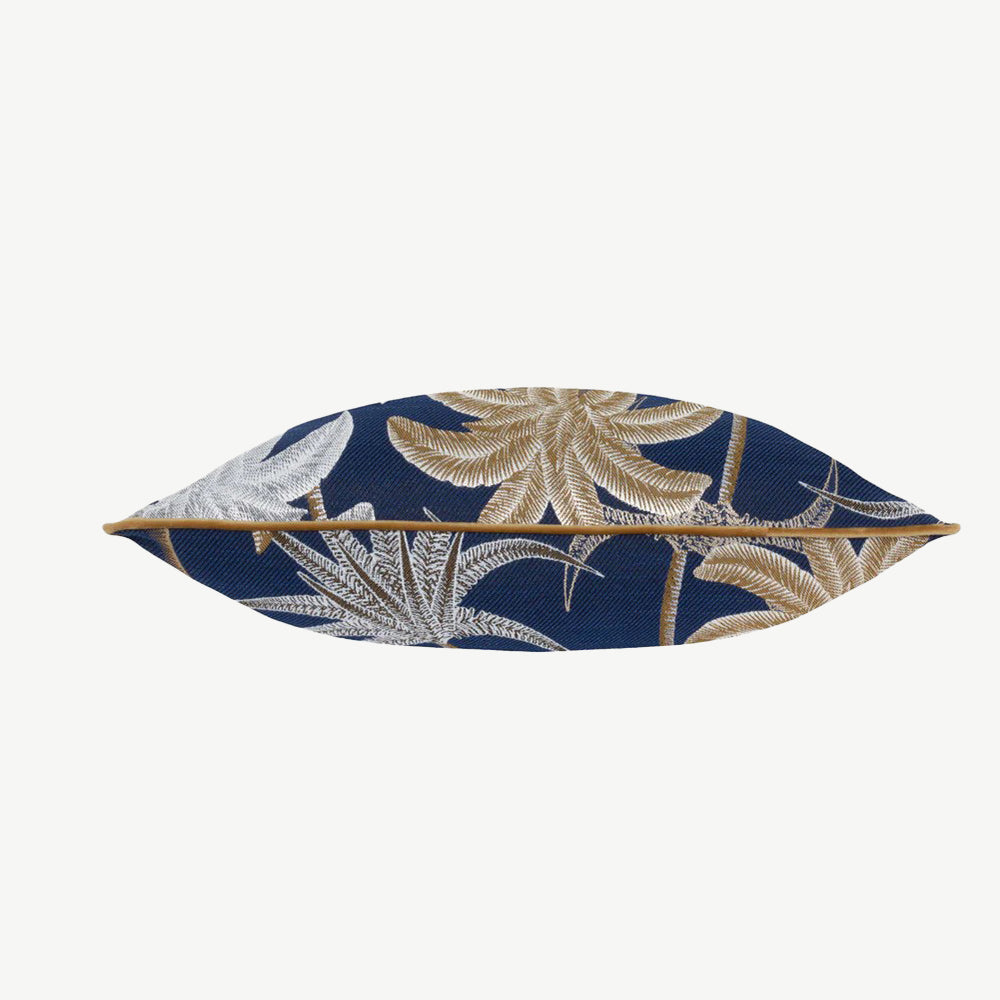 Exotic palm leaf print scatter cushion in blue, gold and white