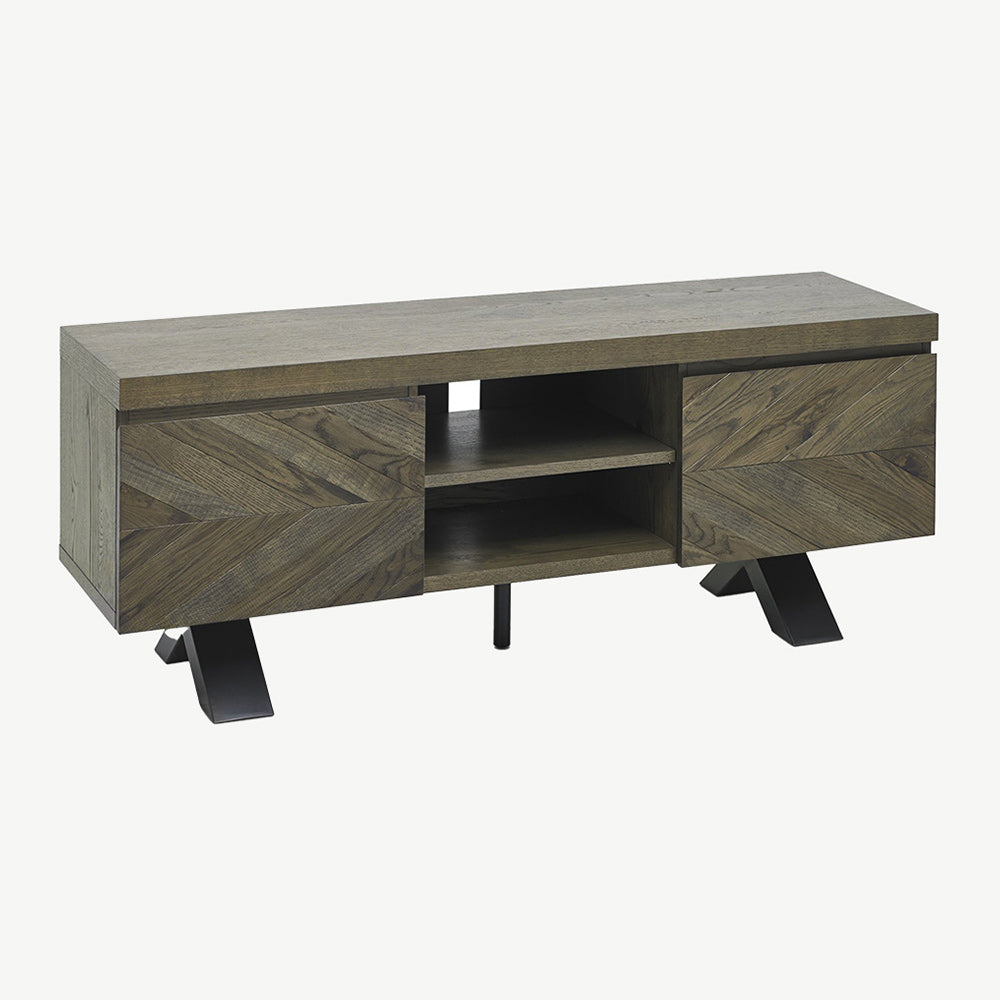 Solid oak entertainment unit with fumed oak marquetry tops & black powder coated metal base
