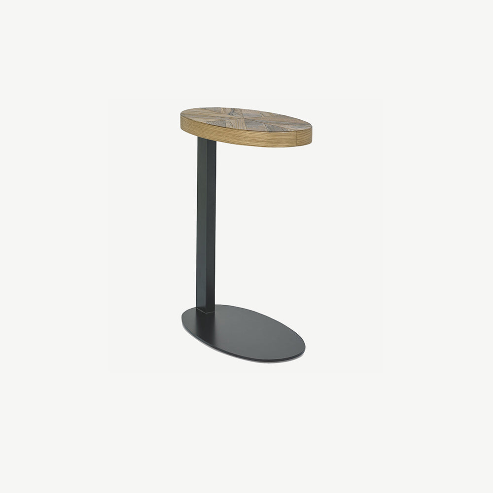 Solid oak sofa table with rustic oak marquetry tops & black powder coated metal base
