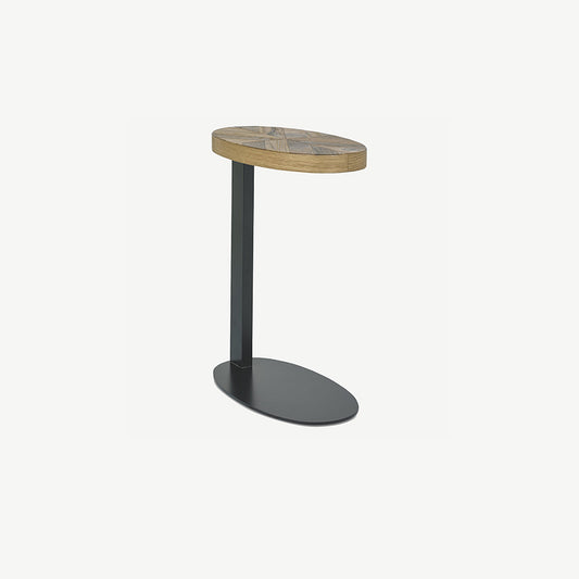 Solid oak sofa table with rustic oak marquetry tops & black powder coated metal base
