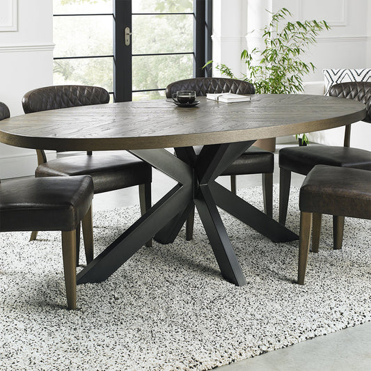 Solid oak 6 seater dining table with fumed oak marquetry tops & black powder coated metal base