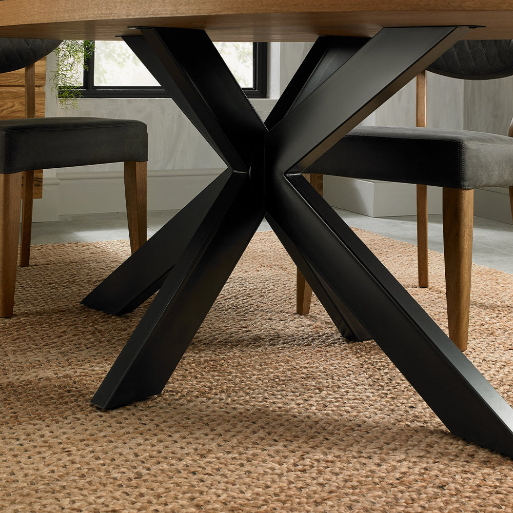 Solid oak 6 seater dining table with rustic oak marquetry tops & black powder coated metal base

